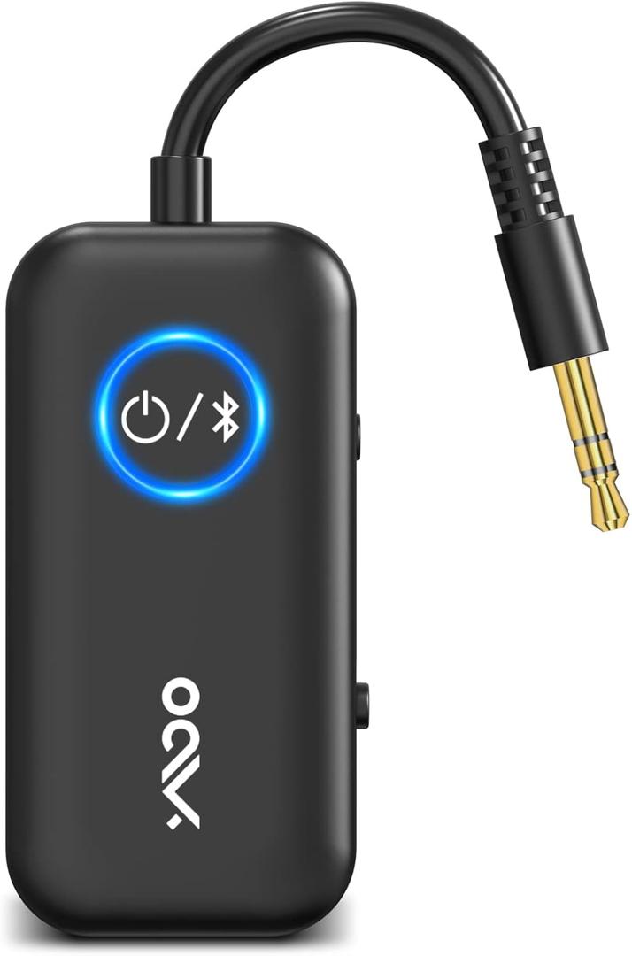 YMOO Bluetooth 5.3 Transmitter Receiver for TV/Airplane to 2 Headphones, Wireless Audio Adapter with Aptx/Aptx-HD Low Latency (<40ms), Aux Connector for Home Stereo/Bluetooth Earbuds/PC/Gym (Black)