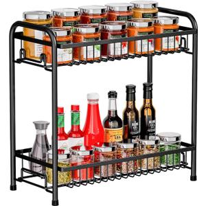 Spice Rack for Countertop, 2-Tier Standing Sturdy Metal Seasoning Organizer Holder, Space Saving Spice Shlef for Kitchen, Cabinet, Pantry Storage, Easy Assembly, Black (Black-1 Pack)