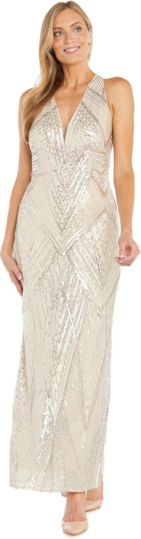 R&M Richards Women's Elegant Long Sequin Geometric Halter Gown W/Illusion Neckline & Keyhole Back (18)