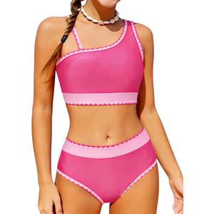 Funnycokid Girls Size 10 Swimsuit Two Piece Bathing Suit Kids Hotpink 9-10 Adjustable Straps Bikini Sets with Chest Pad Swimwear (Pink) 10Y