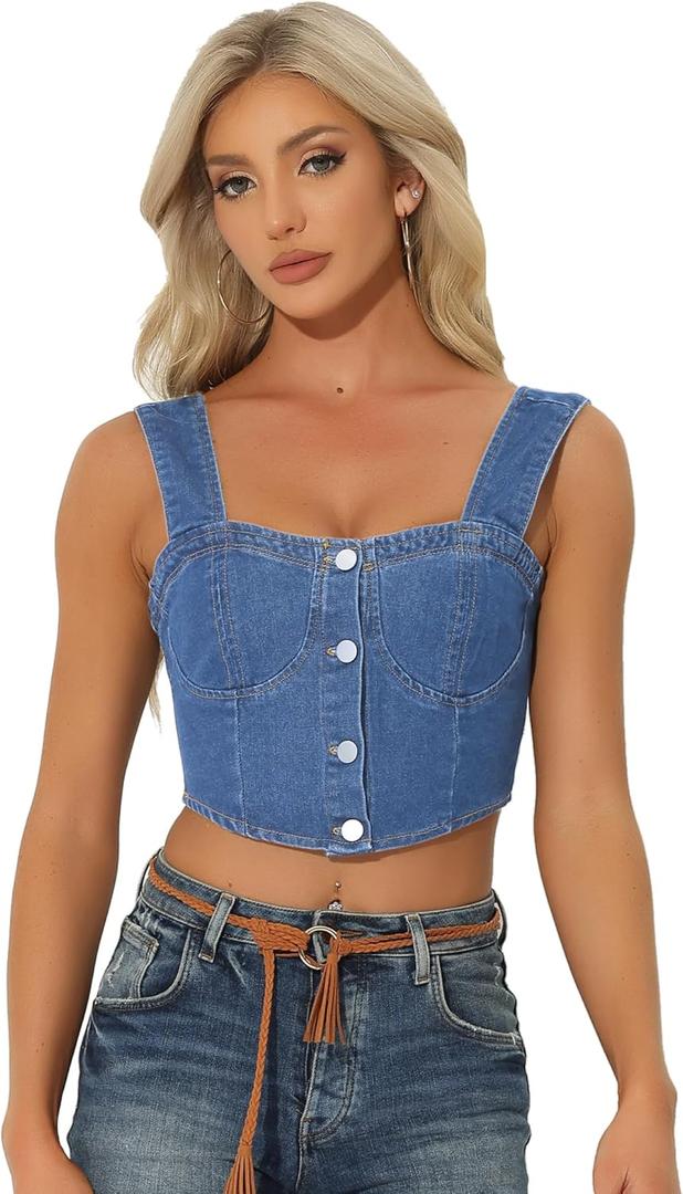 Denim Corset Tops for Women's Button Down Sleeveless Bustier Jean Crop Tank Top