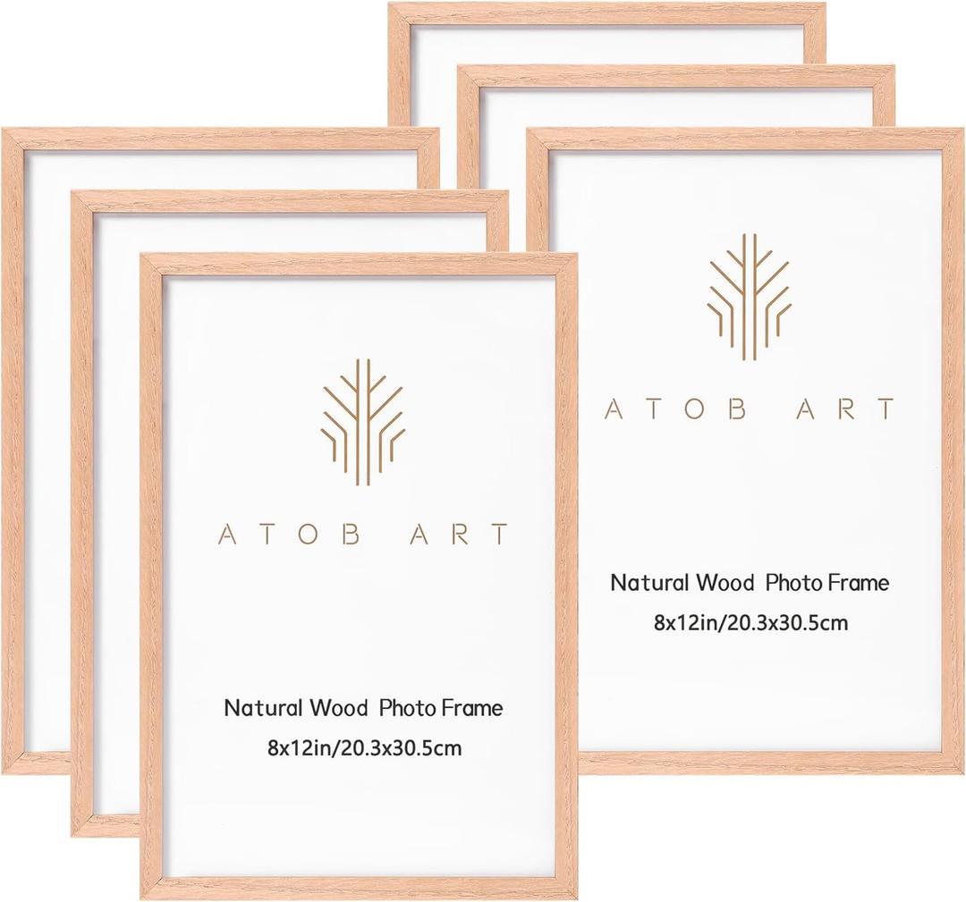 ATOBART 8x12 Picture Frames Solid Wood, 6 Pack OAK Photo Frame Set with Real Glass Cover, Natural Wood Color Frames, for Wall Mounting or Tabletop Display