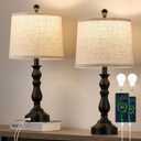 23'' Farmhouse Table Lamps for Living Room Set of 2 with USB C+A Ports, Retro Bedside Lamp for Bedroom, Office, Dining Room, Knob Switch, 3 Color Temperatures, Bulb Included, Black