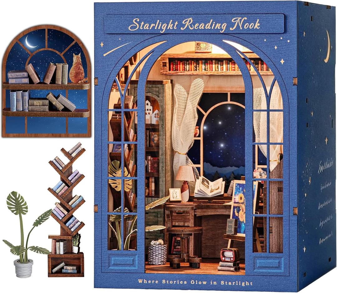 Dolphin Island DIY Book Nook Kit for Adults, 3D Wooden Puzzle Booknook Miniature House Kit (Starlight Reading Nook), 1:12