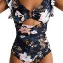 Women's One Piece Swimsuits Tummy Control Ruffle Bathing Suit Cutout Slimming Swim Suit V Neck Ring Linked Swimwear, Large