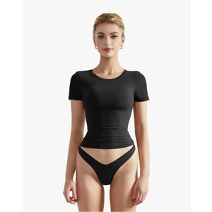 SUUKSESS Women Double Lined Fitted Basic Tee Crew Neck Short Sleeve Y2K Crop Top, Small, Black