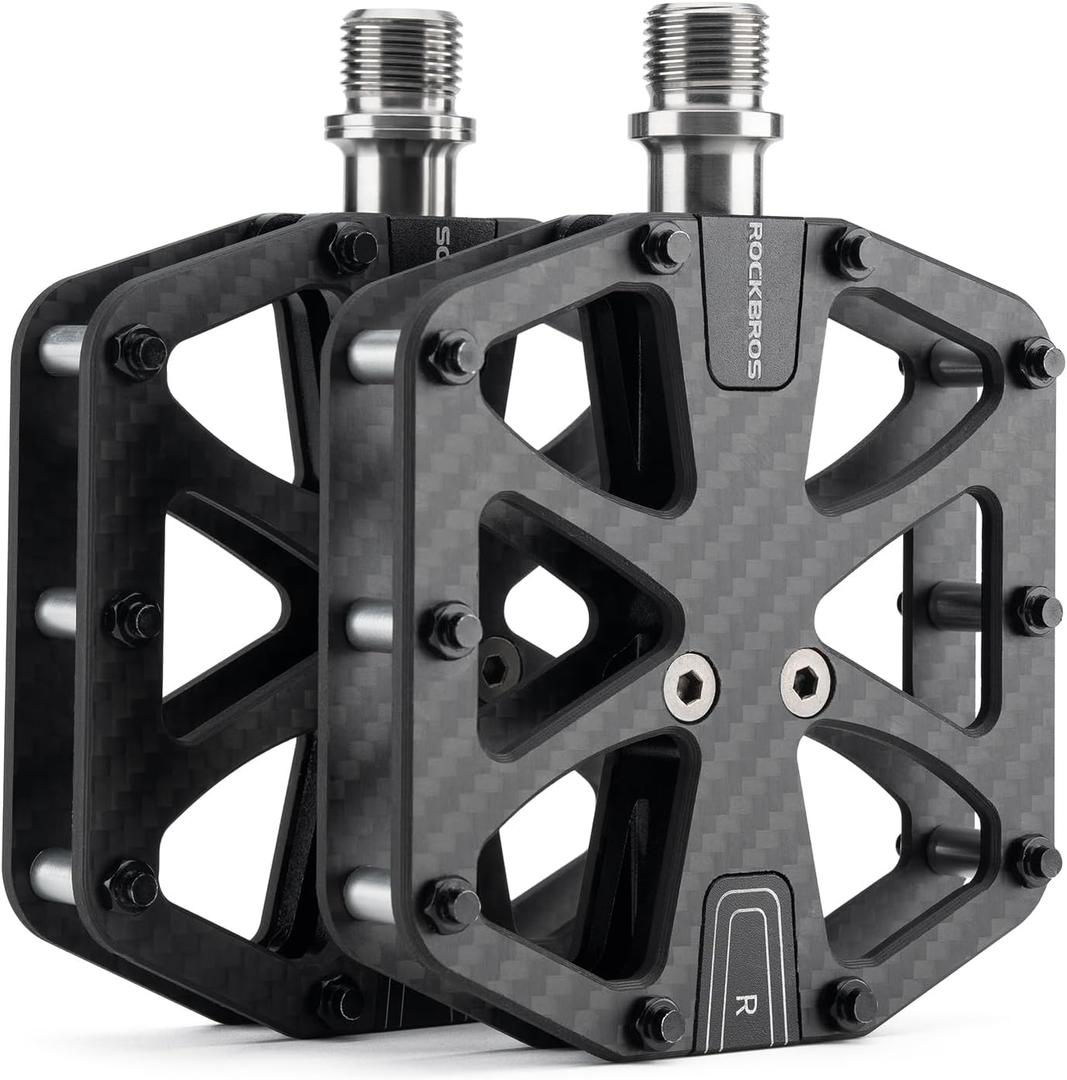 ROCKBROS Mountain Bike Pedals MTB Pedals Carbon Fiber 3 Bearing Lightweight Road Bicycle Pedals Non-Slip 9/16" Wide Flat Pedals