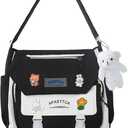 Cute Messenger Bag for Teen Girls Women, Kawaii Crossbody Shoulder Purse with Pins and Stuffed Pendant Gift (Medium, Black)