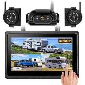 Wireless RV Backup Camera System 7" 1080P Touch Screen & 3 Cameras, Compatible with Furrion Pre-Wired Plug, DVR Monitor & Waterproof Night Vision Rear Side View Camera for Trailer Truck, A13