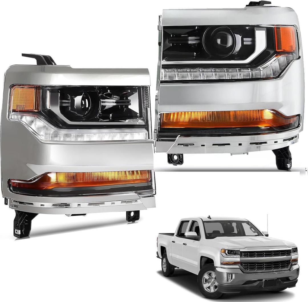 Headlights Assembly Compatible with 2016 2017 2018 Chevy Silverado 1500, 2019 Chevy Silverado 1500 LD Projector Head lights Replacement Pair Left Right with LED DRL,Chrome Amber (Chrome Housing, Clear Lens)