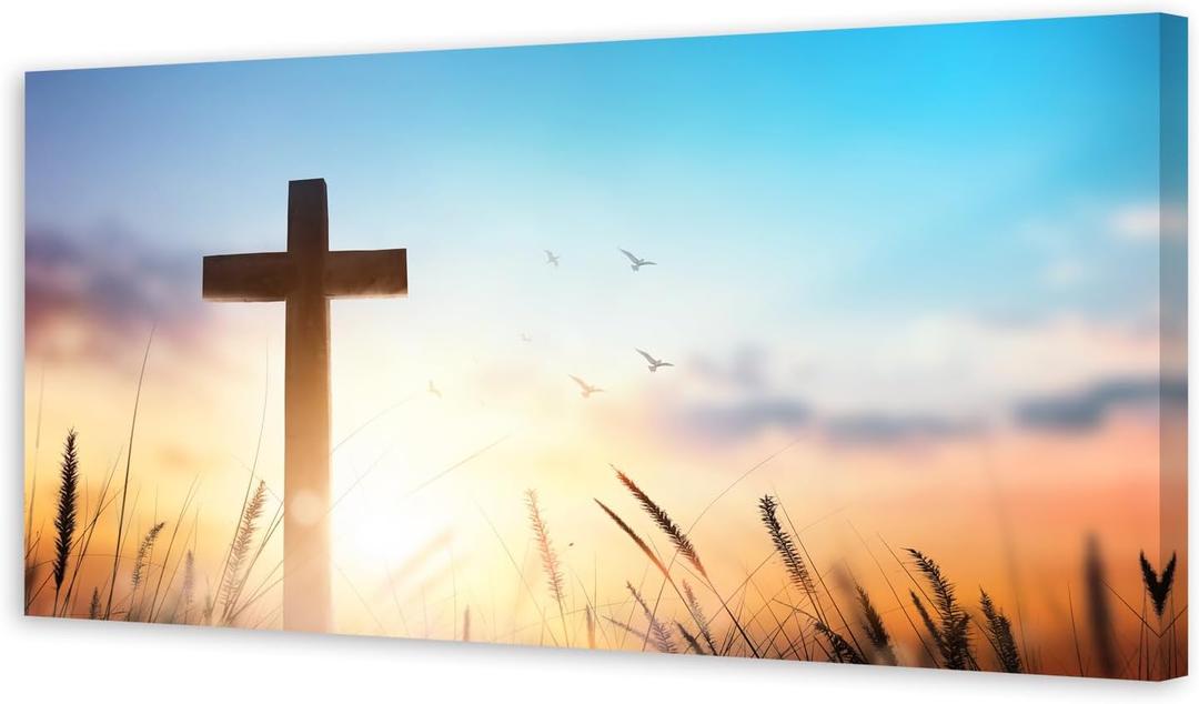 Christian Cross Canvas Wall Art - Religious Cross in Wheat Field with Sunrise & Birds, Inspirational Wall Decor for Living Room Bedroom Church, Spiritual Home Decoration Gift