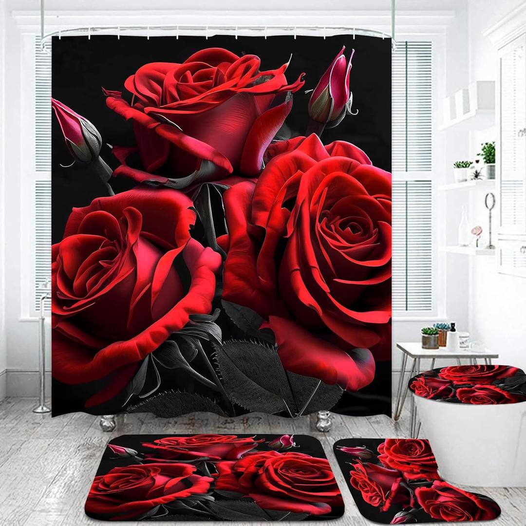 Jirown Red Rose Shower Curtain Sets 4 Pcs,Non-SlipRugs Bath Mat Toilet Cover U Shaped Mat Black Red Shower Curtain with 12 Hooks,Durable Bathroom Decor Set