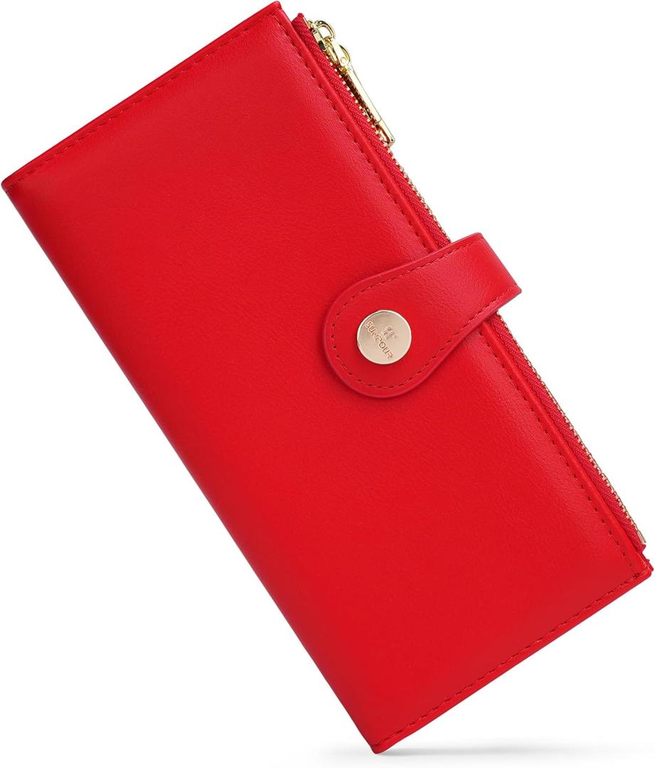 Sunpour Women’s Wallet,Thin RFID Blocking Leather Wallet for Women Credit Card Holder Travel Wallet with Zipper Pocket (Dark Red)