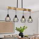 30" Farmhouse Kitchen Light Fixture, Black Hanging Kitchen Chandelier, 4-Light Rustic Dining Room Light Adjustable Height with Wood and Metal Frame, Suit for Farmhouse, Industrial Style