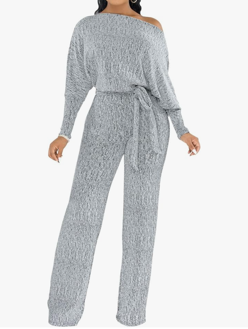 ZonJie Jumpsuits for Women Elegant Sexy Sparkly Sequin Off Shoulder Pants Long Sleeves Wide Leg Clubwear Rompers, Medium