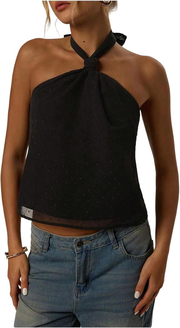 MAKEMECHIC Women's Tie Back Halter Tops Mesh Swiss Dots Knot Backless Sleeveless Tank (Black, XS)