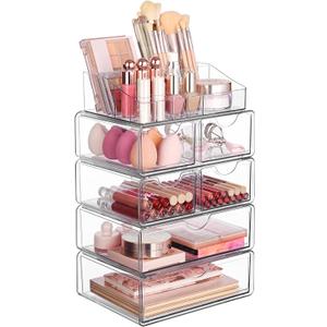 Vtopmart 5 Tier Clear Makeup Organizer with Drawer, Cosmetic Storage for Dresser Countertop and Bathroom Vanity, Beauty Holder for Lipstick Brush Skincare