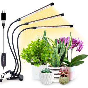 ELITUN Grow Lights for Indoor Plants, 3000k/5000k/660nm Full Spectrum Plant Light with 3/9/12H Timer, 9 Brightness Levels, Auto ON/Off, 3 Heads Clip 126 LEDs Plant Grow Lamps