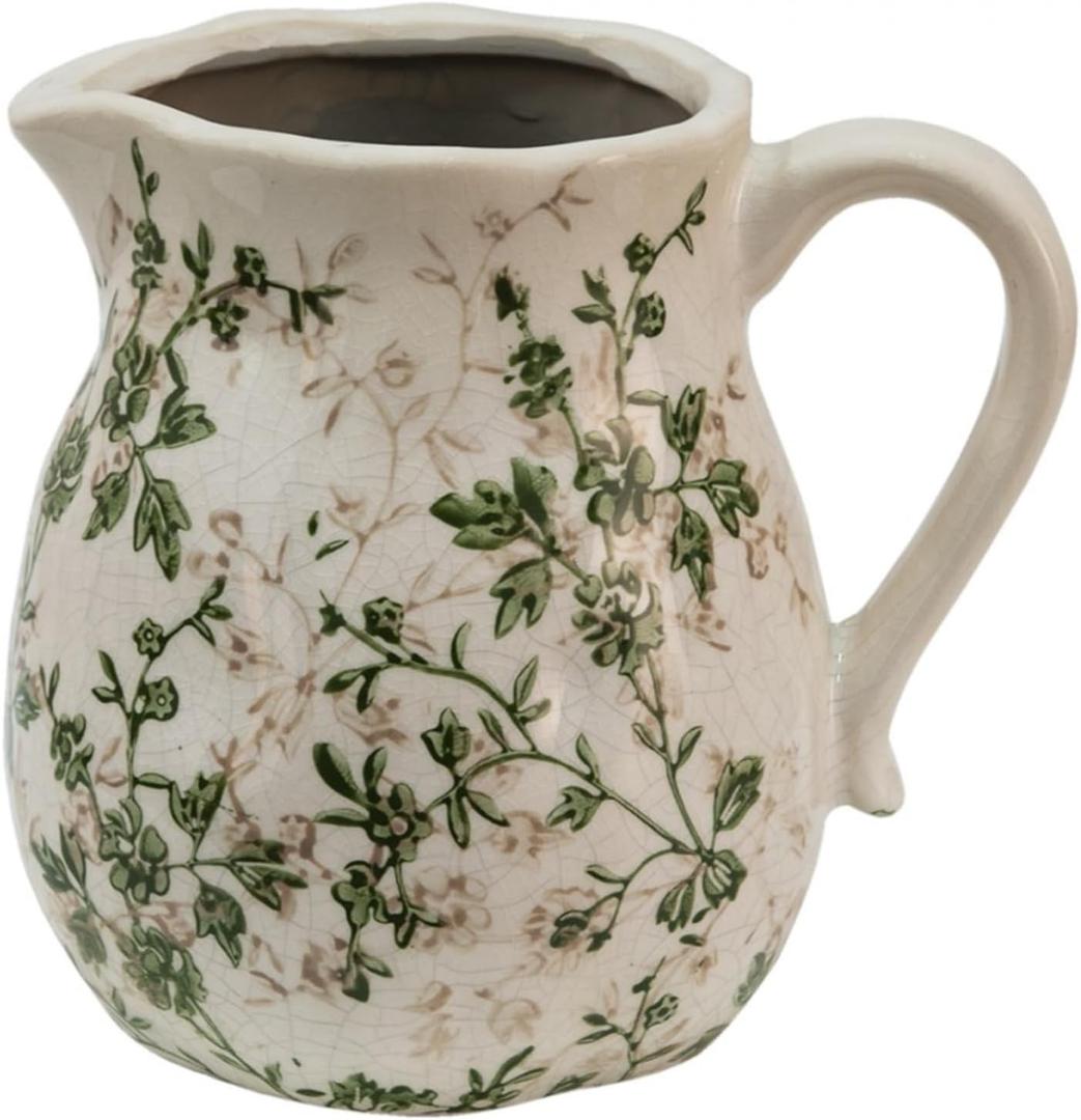 Beige and Green Ceramic Vase, Farmhouse Pitcher Vase with Handle, Retro Ice Glazed Crack Flower Vases for Home Decor, Living Room, Bookshelf, Centerpiece Table (Small)