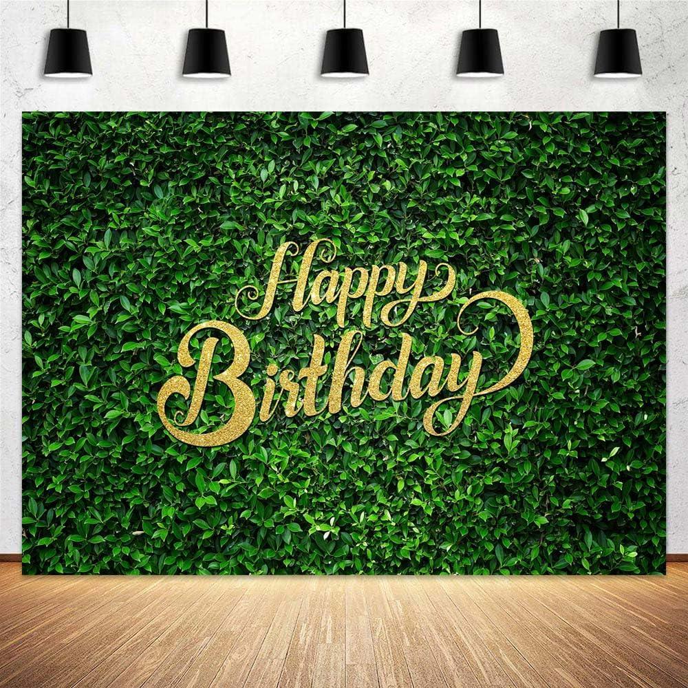 7X5FT Green Leaves Happy Birthday Backdrop Jungle Safari Birthday Party Decoration Banner Natural Green Grass Wall Party Woman Girl Background Photoshoot Photobooth Photography Backdrop