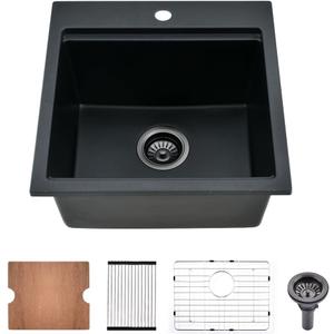 21 Inch Black Drop In Bar Sink Granite Workstation-Bokaiya 21x20 Bar Sink Drop In Matte Black Quartz Composite Small Outdoor Rv Single Bowl Wet Bar Sinks with Cutting Board