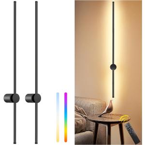39.4 Inch Battery Operated Wall Sconces Set of Two, 12000mAh Rechargeable Wall Sconce with Remote Control, Dimmable LED Wireless Wall Lights for Bedroom, Living Room, 15 Colors, 180 Rotate, Black