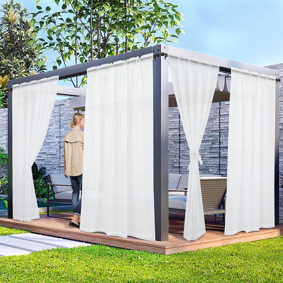 2 Panels Outdoor Sheer Curtains for Patio, White Privacy Curtains for Patio Waterproof, Indoor Outdoor Drapes for Gazebo Pergola Balcony Pool Spa, 52 x 84 inch