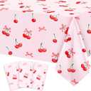 2 x 3pcs Cherry Birthday Decorations Tablecloths, Large Size Cherry and Bows Birthday Decorations Table Cloth for Cherries Themed Party, 54 x 108 Inch