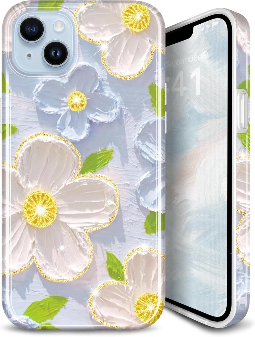 Case for iPhone 14 iPhone 13 Sparkle Glitter Retro Oil Painting Printed Flower Design Slim Shockproof Protective TPU Soft Silicone Cover Phone Case Blue White