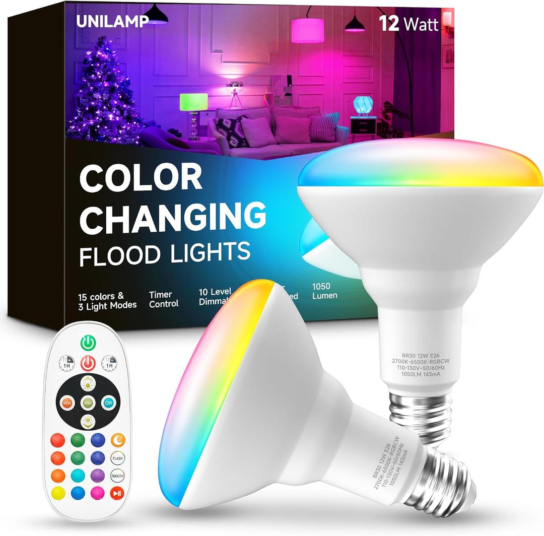 UNILAMP BR30 Color Changing Light Bulb, LED Flood Lights 12W Dimmable, 100W Equivalent, RGB+2700K+4000K+6500K, Remote Control, 1050LM, E26 Multi-Color Can Light Bulbs for Ceiling, 1 Pack