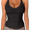 Danysu V Neck Racer Back Tank Tops for Women Padded Fitted Long Basic Cami Ribbed, No See Through, Removable Pads, Stretchy Sexy Everyday Tank, Workout Casual Shirt, Y2K Cute Summer Going Out Tops, Size XS