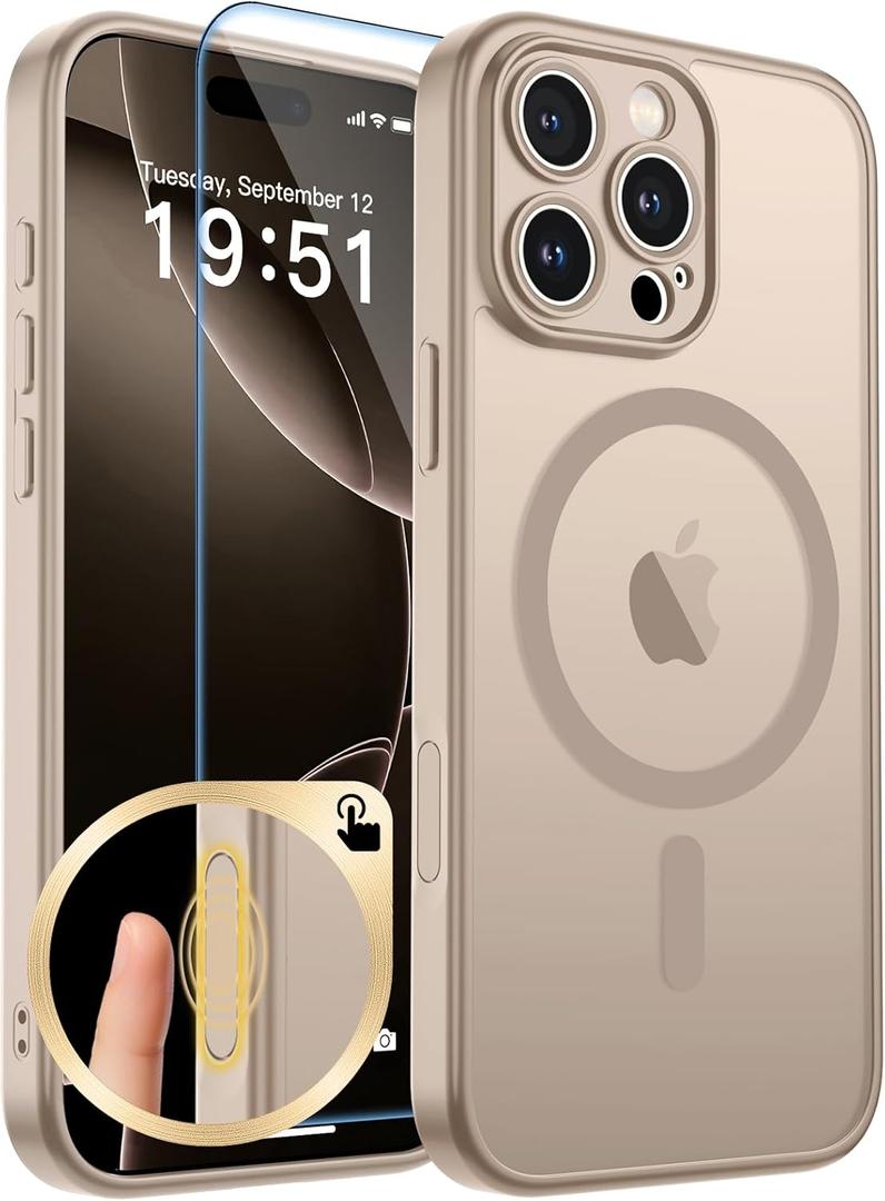 zapica Magnetic for iPhone 16 Pro Max Case, Upgraded [Camera Control Button] [Full Camera Protection] [with 1 Screen Protector] Translucent Matte Shockproof Protective Phone Cover, Sand Gold