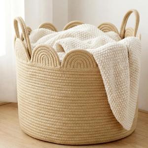 LemonRoad Brown Round Basket Large Blanket Basket 15.8"L x 15.8"W X13.8"H Scalloped Woven Baskets Cotton Storage Baskets for Nursery Classroom Closet Blankets Storage Home Decor