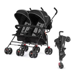 Dream On Me Volgo Twin Baby Stroller, Lightweight Side-by-Side Double Umbrella Stroller with Adjustable Canopy, 5-Point Harness, Storage Basket & Travel-Friendly Fold Black