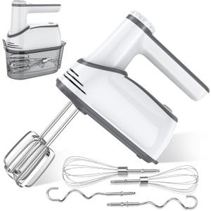 Cordless Electric Hand Mixer: 12 Speeds Powerful Handheld Mixer with 6 Stainless Steel Attachments (2 Beaters, 2 Dough Hooks, 2 Whisks), Snap-On Storage Case & Eject Button (White)