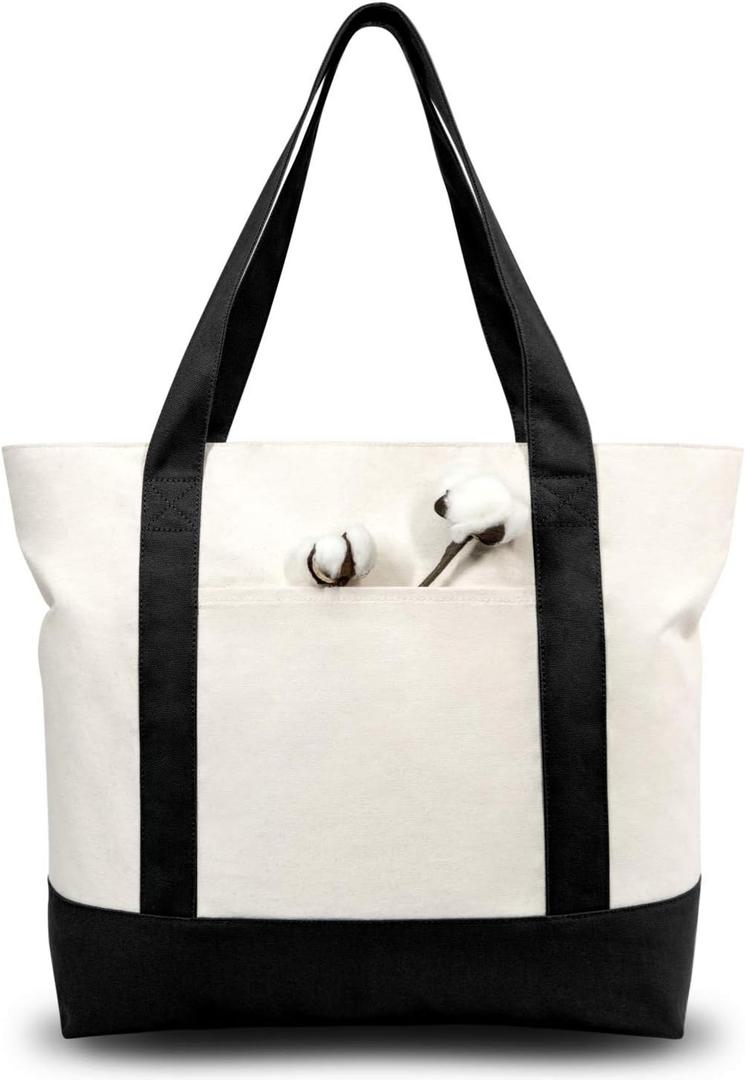 TOPDesign 6-Pack Canvas Tote Bags with an External Pocket, Reusable Grocery Shopping Bags, Top Zipper Closure, Daily Essentials (Black/Natural)
