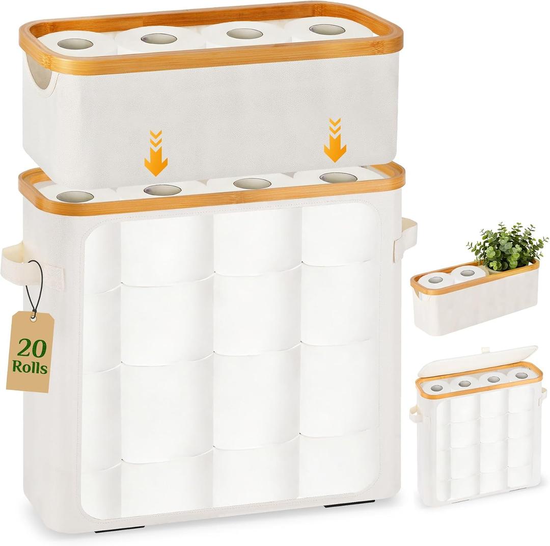Livole Toilet Paper Storage Basket with Lid & Toilet Tank Basket | Free Standing, Large Capacity for 20 Regular Rolls or 15 Mega Rolls, Dual Handles, Clear Side Window, Bathroom, Beige
