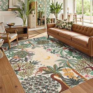 GarveeHome 5x7 Jungle Area Rug Washable Rugs for Living Room Bedroom, Soft Low Pile Non Slip Accent Floor Mat Animal Print Throw Rug Indoor Carpet Dining Room Playroom (Beige)