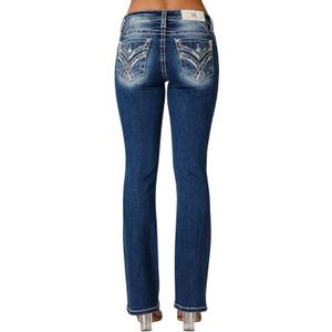 Miss Me Women's Muted X Embellished Faux Flap Pockets Mid-Rise Bootcut Jeans (28W x 34L, Vintage Blue)