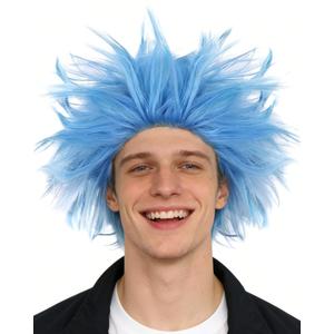 Hair Cap+Blue Spiky Wig Short Crazy Wigs Adult Blue Fluffy Wig Funny Crazy Hair Funky Hairy Costume Layered Fluffy Outfit Short Anime Cosplay Costume for Theme Party Halloween Cosplay