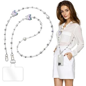 Phone Chain Crossbody Pearl Strap,Pearl Beaded Chain Shoulder Crossbody Lanyard with Phone Tether Patches Compatible with Most Phones Bag Purse(I)