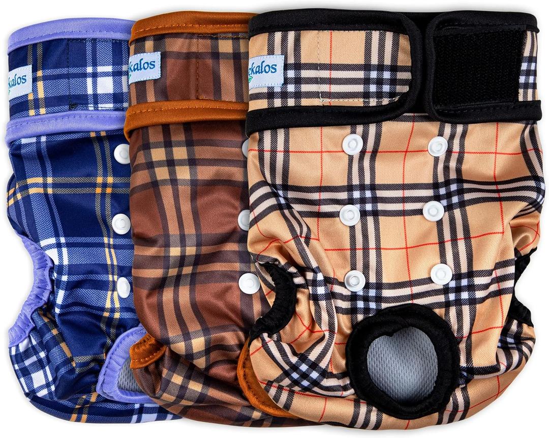 Leekalos Reusable Washable Dog Diapers Female (3 Pack) - Highly Absorbent Doggie Diapers - Size Adjustable Puppy Diapers for Dog Period Panties (Medium) (Medium (12.5"-15" Waist), Plaid)