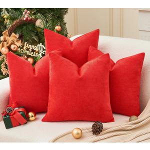 Pack of 4 Christmas Red Pillow Covers 20x20 Inch Chenille Throw Pillow Covers Solid Decorative Soft Xmas Cushion Covers Home Boho Textured Decor for Couch Sofa Bed Living Room
