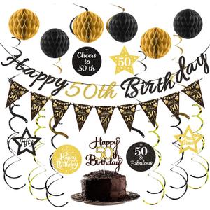 50th Birthday Decorations for Men Women Pre-strung Black Gold Happy 50th Birthday Banner with Honeycomb Balls Hanging Swirl Triangle Flag Cake Topper for 50 Year Old Birthday Party Supplies