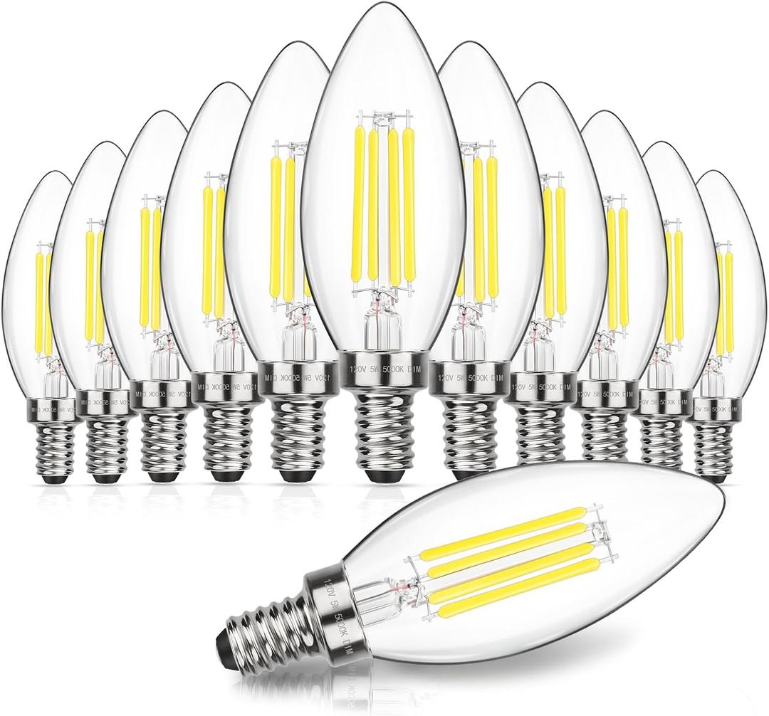 MAXvolador Dimmable E12 LED Candelabra Bulbs 60W Equivalent, Daylight White 5000K, 600LM Chandelier Light Bulb, B11 LED Candle Light Bulbs, Pack of 12