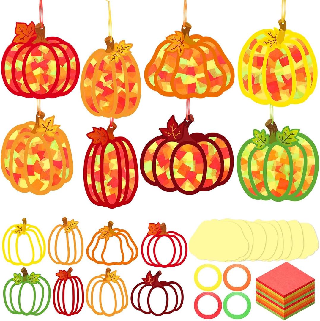 DoubleFill 48 Pcs Thanksgiving Pumpkins Suncatchers Craft Kits DIY Pumpkin Stained Glass Effect Tissue Paper Kits Bulk for Thanksgiving Window Home Decor Ornament Party Favors Art Activities