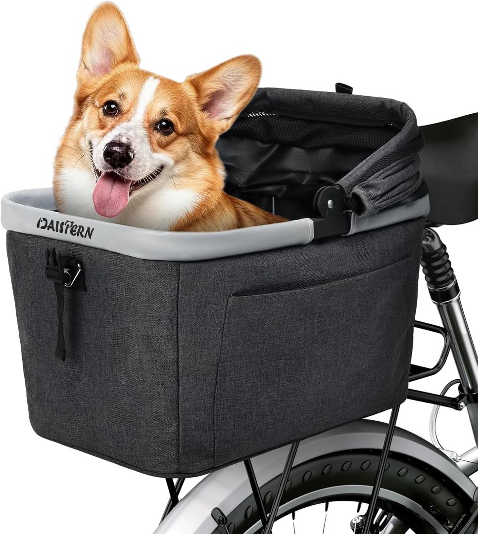 Foldable Dog Rear Bike Basket Supports Up to 22 lbs with Metal Frame, PE Support Plate, Quick-Install Mount for 3.54-4.72 inch Diameter Tubes, Mesh Window, Soft Cushion & Reflective Strips