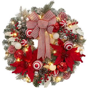 Pre-Lit Christmas Wreath for Front Door, 24 Inch Large Lighted Wreath with Xmas Balls, Artificial Flower & Bow, Battery Operated Christmas Wreath for Fireplace Window Wall Decor, Red & White
