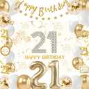 2 x 21st Birthday Decorations for Her Women, Champagne Gold 21 Bday Party Decor | 21st Birthday Banner Backdrop, Large Number 21 Balloon, Hanging Swirls, 21 Bday Party Balloons for Women