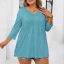MEROKEETY 3/4 Length Sleeve Womens Tunic Tops Summer Dressy Casual Pleated Loose Fit Shirt Blouses (S)